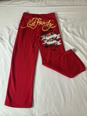 Ed Hardy Y2K Red Wide Leg Graphic Sweatpants M